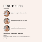 Load image into Gallery viewer, Step by step guide to using Serenade Slumber & Shine Night Face Serum with Neroli, Rose, Frankincense and Saffron essential oils for a calming night skincare ritual