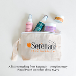 Load image into Gallery viewer, Serenade skincare kit with face mist, face wash and night cream placed in ritual pouch offered as complimentary gift on orders above 1499