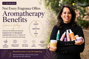 Alt Text:  Serenade founder holding aromatherapy skincare products, highlighting the difference between fragrance oils and therapeutic essential oils.