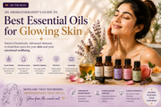 Woman with naturally glowing skin surrounded by botanical essential oils, lavender, and floral elements, illustrating an aromatherapist's guide to the best essential oils for healthy, radiant skin.