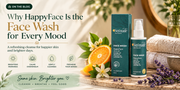Serenade HappyFace Face Wash displayed in a warm spa setting with fresh orange slices, lavender, neroli blossoms, and folded towels beside a blog banner highlighting mood boosting skincare rituals.