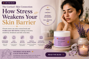 Woman with stressed skin beside Serenade Barrier & Bliss Night Face Cream illustrating how chronic stress weakens the skin barrier and how aromatherapy skincare supports repair.