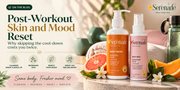 Serenade Radiance Rush Body Wash and Empower Aura Body Mist displayed with citrus fruits and workout essentials, highlighting a refreshing post-workout skin and mood reset.