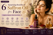 A glowing woman with radiant skin is surrounded by saffron flowers, saffron strands, and essential oil bottles, and Serenade Night Face Serum illustrating the skincare and antioxidant benefits of saffron oil.
