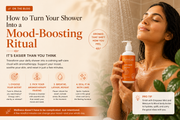 A woman enjoying a warm shower while holding Serenade Radiance Rush Body Wash, surrounded by soft steam and calming tones, illustrating a mood boosting aromatherapy shower ritual for emotional wellness and glowing skin.