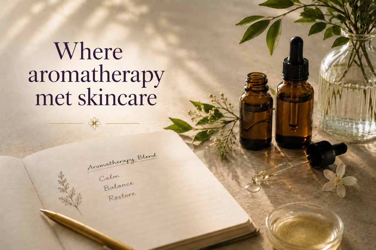 Aromatherapy inspired botanical workspace featuring essential oil bottles, flowers, glassware, and formulation notes, symbolising the creation of intentional blends for emotional wellbeing and skin harmony.