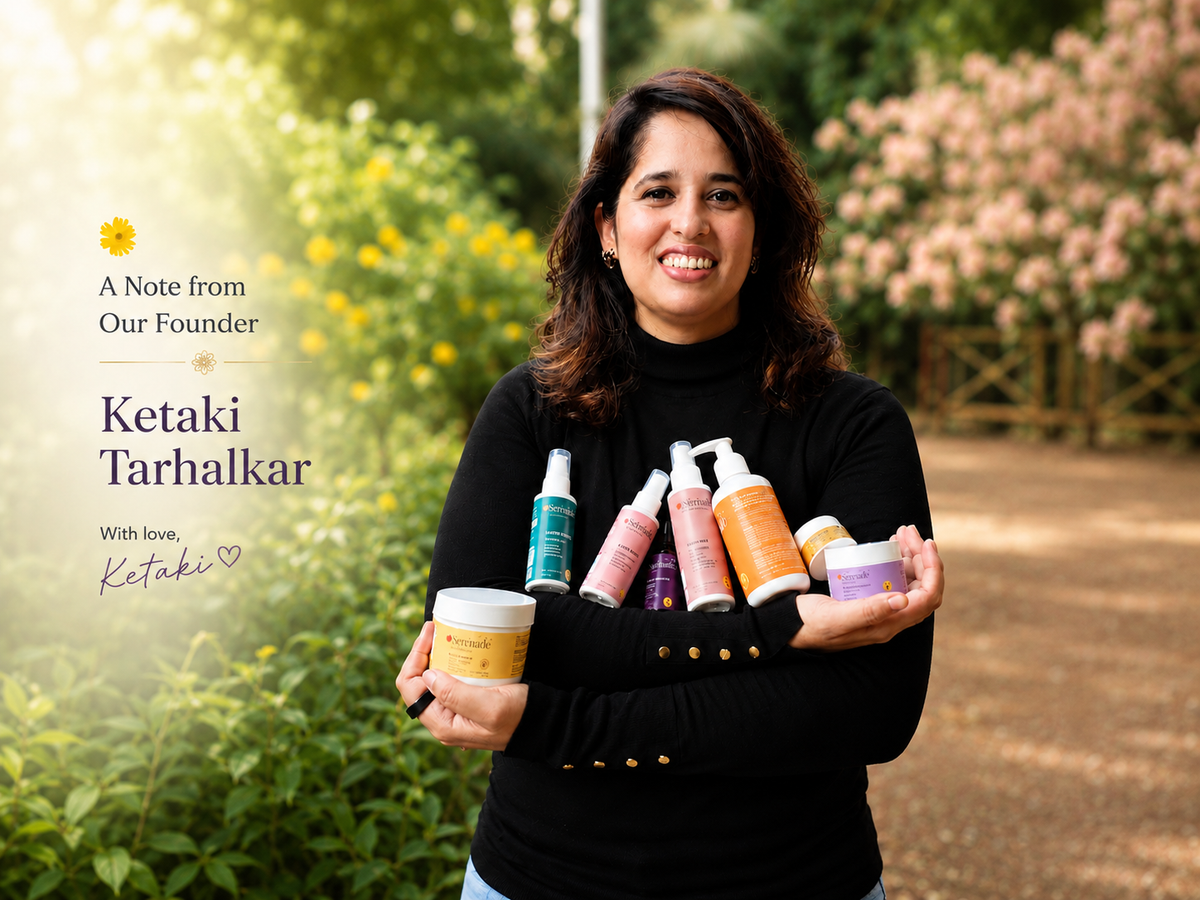 Serenade founder holding the aromatherapy skincare range, showcasing products designed to support both emotional well being and healthy looking skin.