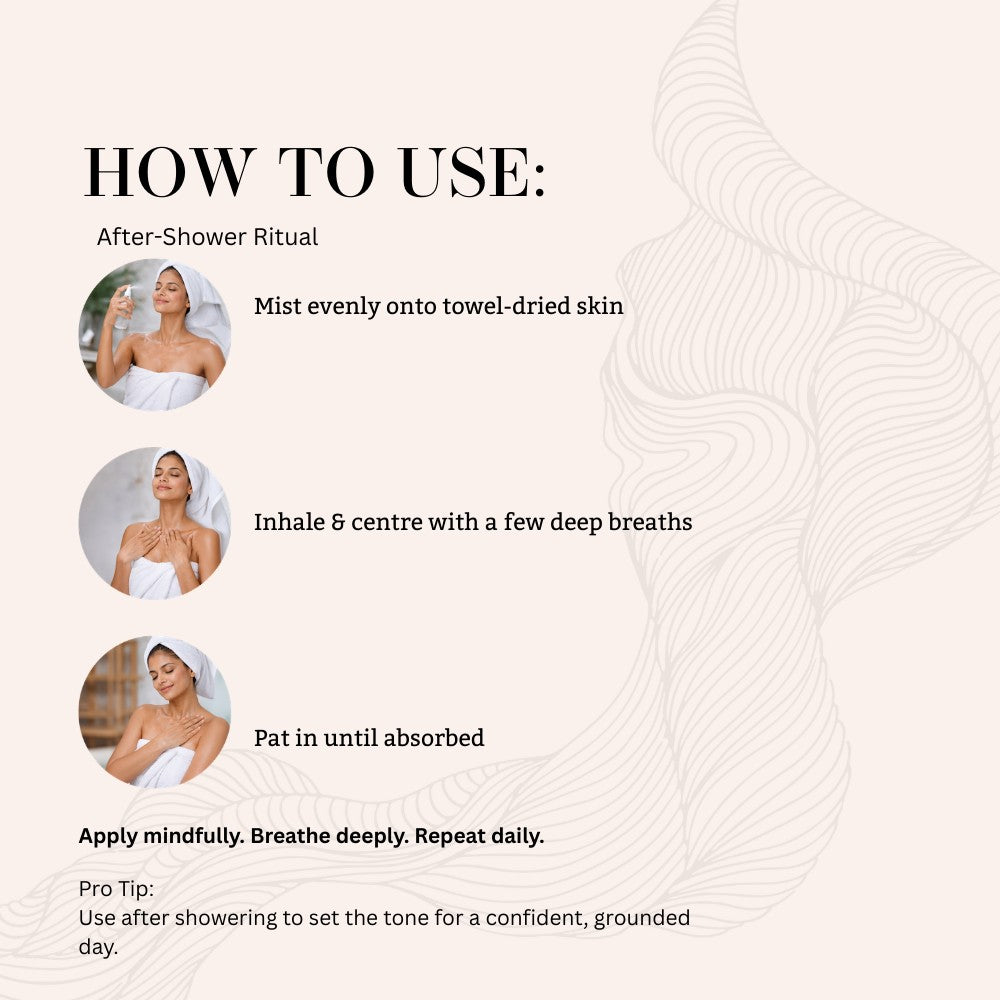 Step by step guide to using Serenade Empower Aura Body Mist with Frankincense, Ylang Ylang and Cedarwood essential oils for refreshing and energising skin