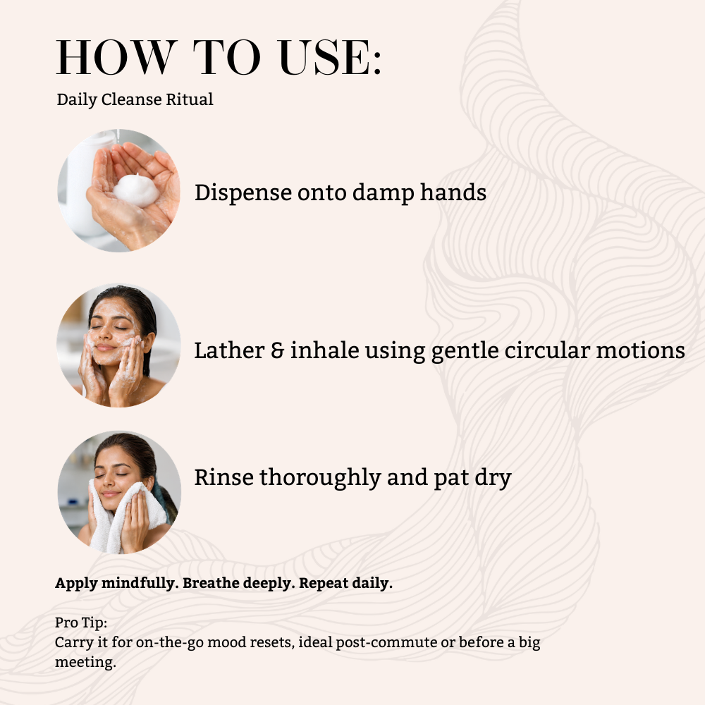 Step by step guide to using Serenade HappyFace Face Wash with Orange, Neroli, Cypress and Lavender essential oils for a daily aromatherapy skincare routine