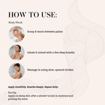 Load image into Gallery viewer, Step by step guide to using Serenade Moisture &amp; Mood Body Butter with Ylang Ylang, Bergamot and Geranium essential oils for daily hydration and self care ritual
