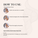Load image into Gallery viewer, Step by step guide to using Serenade Radiance Rush Body Wash with Grapefruit, Mandarin and Orange essential oils for a refreshing and energising shower routine