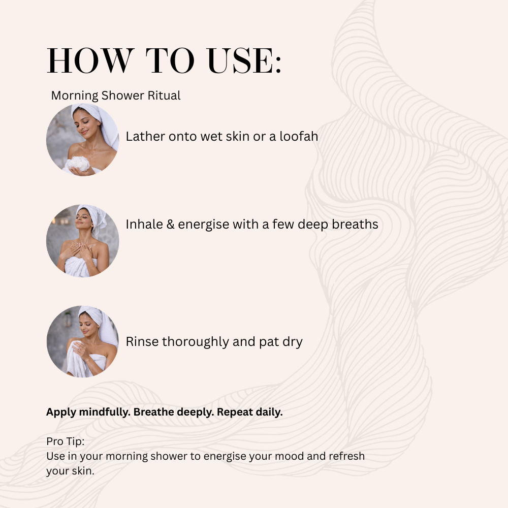 Step by step guide to using Serenade Radiance Rush Body Wash with Grapefruit, Mandarin and Orange essential oils for a refreshing and energising shower routine