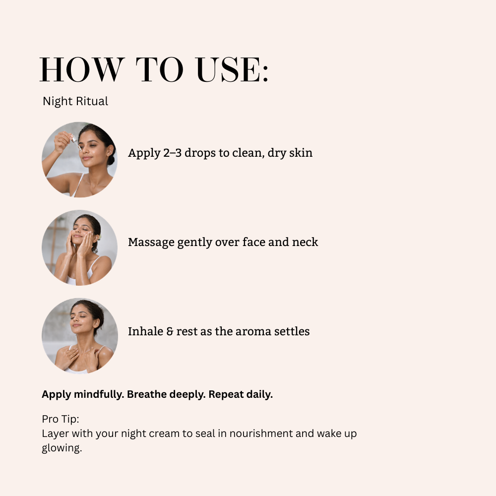 Step by step guide to using Serenade Slumber & Shine Night Face Serum with Neroli, Rose, Frankincense and Saffron essential oils for a calming night skincare ritual