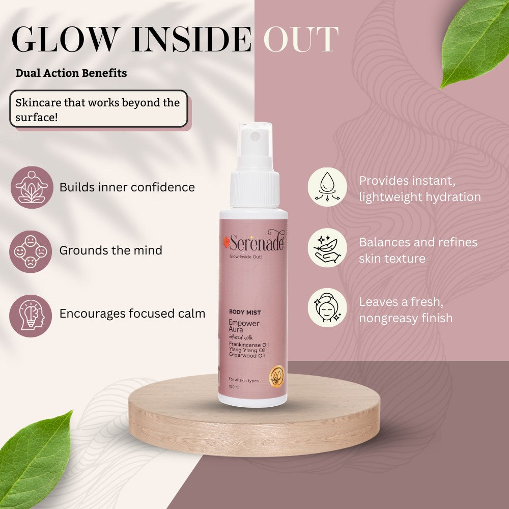 Serenade Empower Aura Body Mist highlighting Frankincense, Ylang Ylang and Cedarwood essential oils to build confidence, emotional balance and refresh the skin