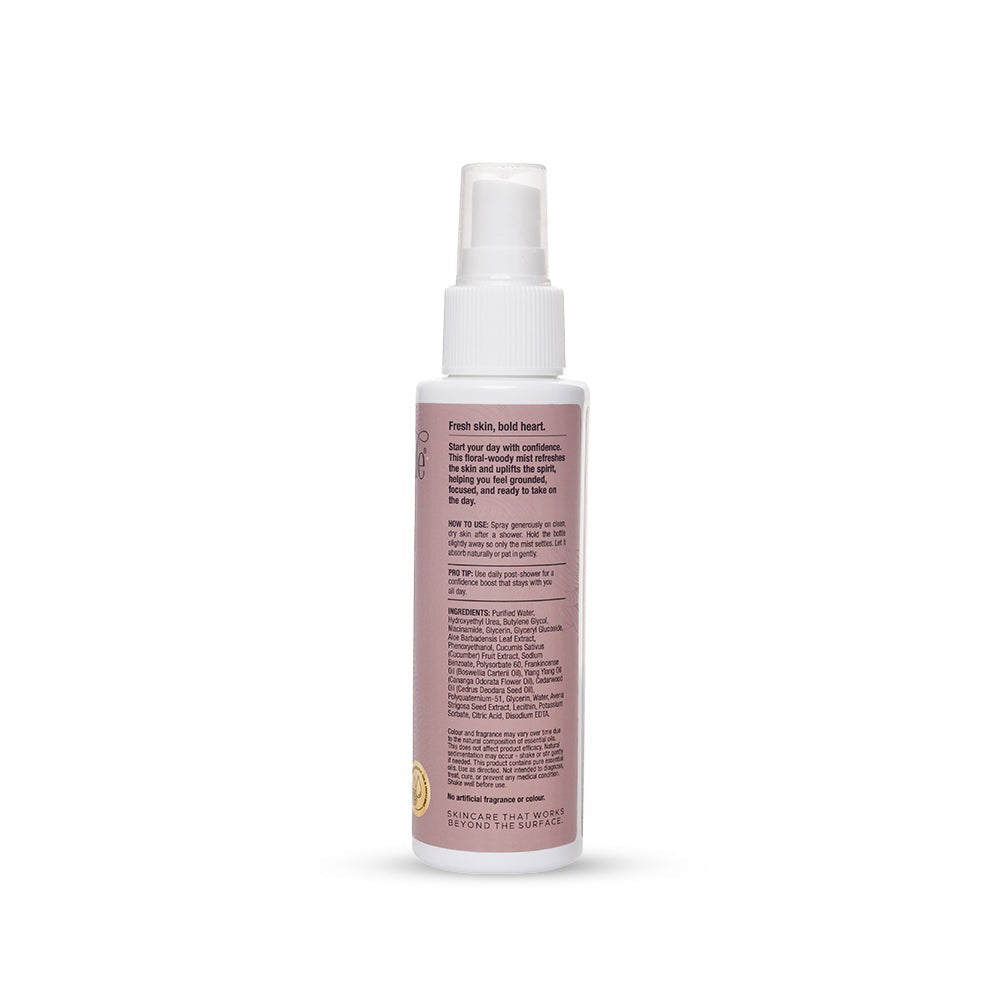 Back label of Serenade Empower Aura Body Mist showing ingredients including Frankincense, Ylang Ylang and Cedarwood essential oils for aromatherapy body care