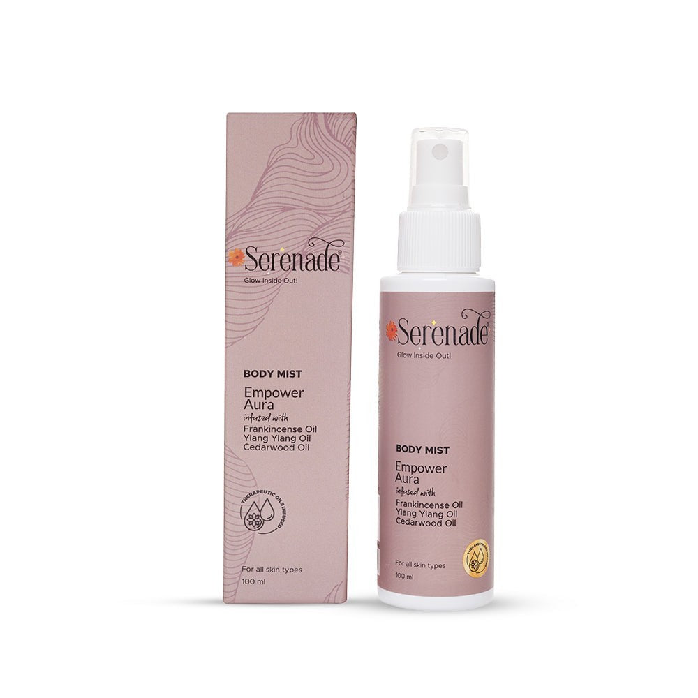 Serenade Empower Aura Body Mist bottle and packaging infused with Frankincense, Ylang Ylang and Cedarwood essential oils for skin refresh and confidence boost
