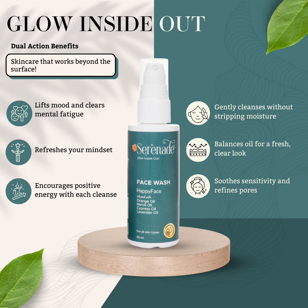 Serenade HappyFace Face Wash highlighting Orange, Neroli, Cypress and Lavender essential oils for mood uplifting aromatherapy and gentle skin cleansing