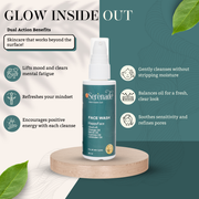 Serenade HappyFace Face Wash highlighting Orange, Neroli, Cypress and Lavender essential oils for mood uplifting aromatherapy and gentle skin cleansing