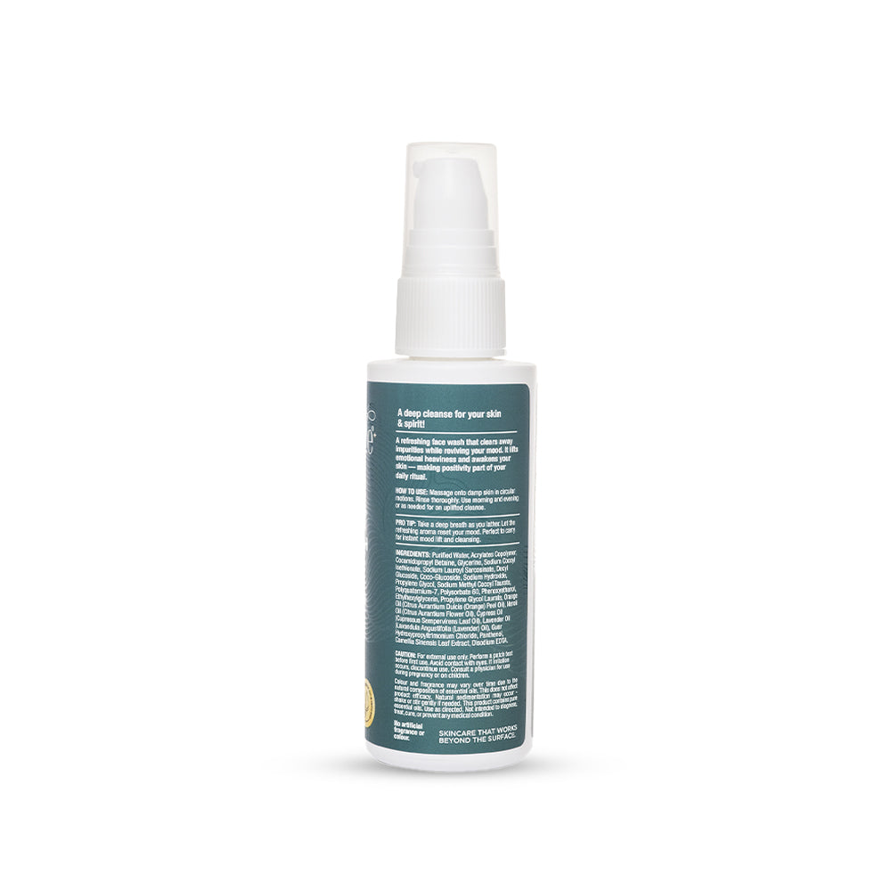 Back label of Serenade HappyFace Face Wash showing ingredients including Orange, Neroli, Cypress and Lavender essential oils for aromatherapy skincare