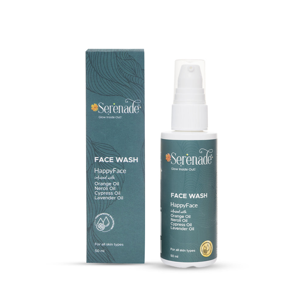 Serenade HappyFace Face Wash bottle and packaging with Orange, Neroli, Cypress and Lavender essential oils for natural aromatherapy skincare