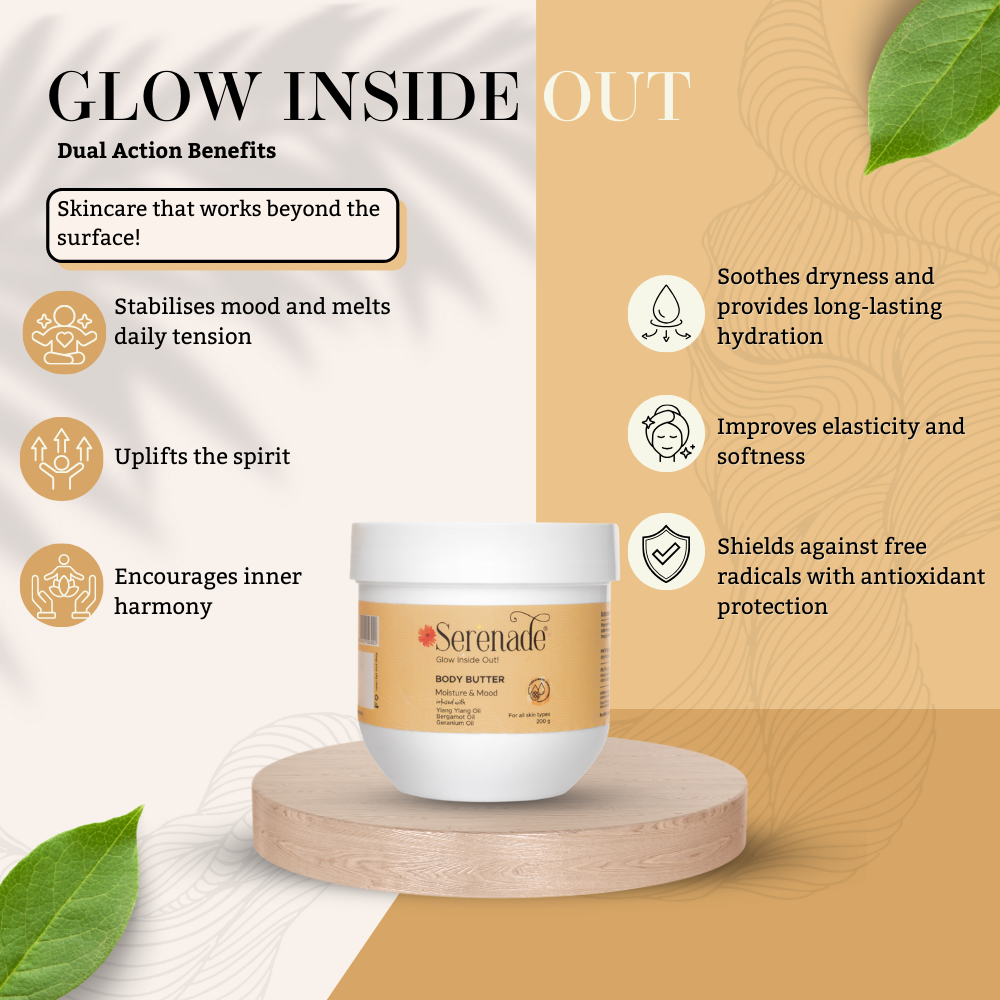 Serenade Moisture & Mood Body Butter highlighting Ylang Ylang, Bergamot and Geranium essential oils for emotional balance, deep nourishment and soft glowing skin
