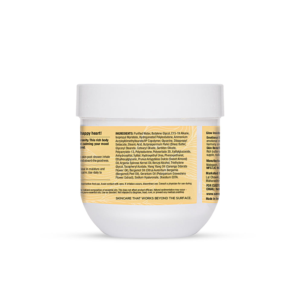 Back label of Serenade Moisture & Mood Body Butter showing ingredients including Ylang Ylang, Bergamot and Geranium essential oils for aromatherapy skincare