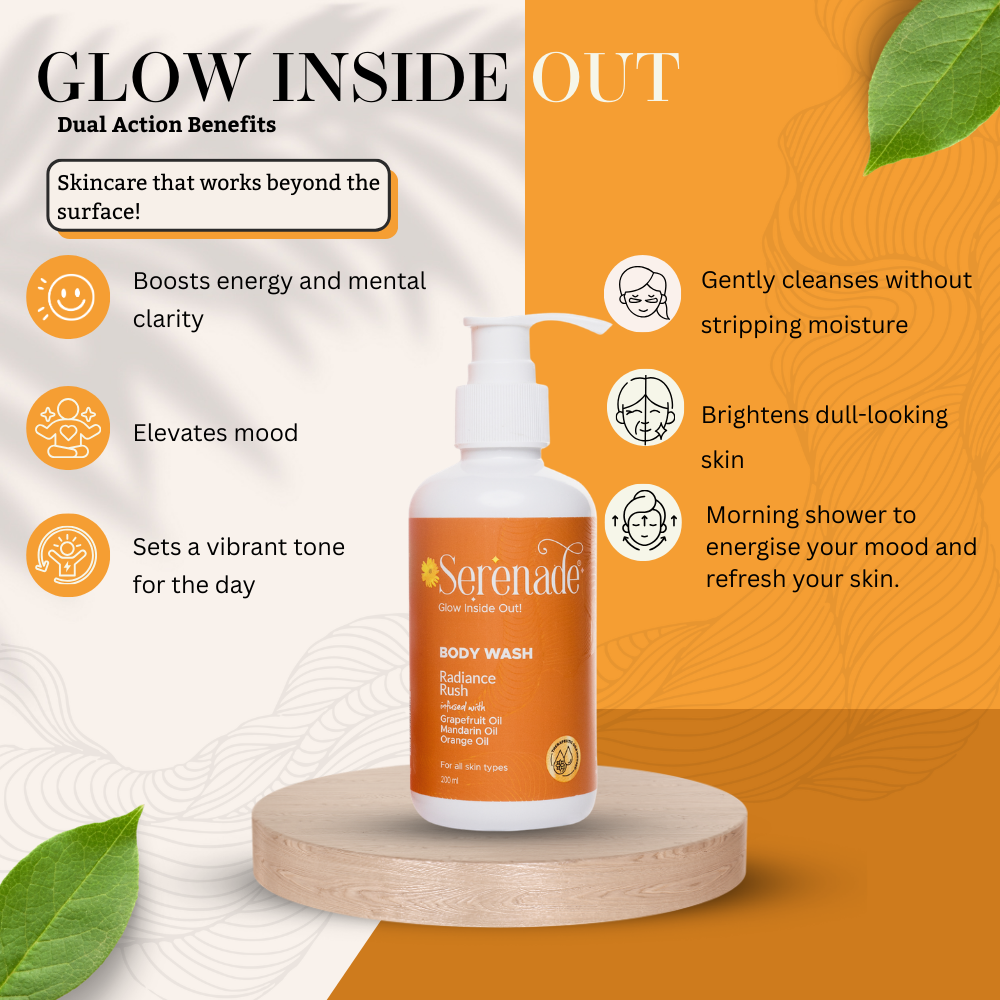 Serenade Radiance Rush Body Wash highlighting Grapefruit, Mandarin and Orange essential oils for energising mood, refreshing skin and enhancing natural glow