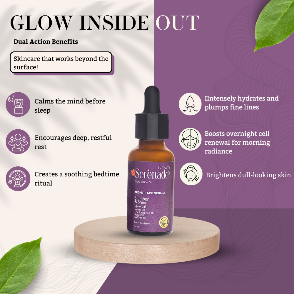 Serenade Slumber & Shine Night Face Serum highlighting Neroli, Rose, Frankincense and Saffron essential oils for restful sleep, emotional balance and overnight skin rejuvenation