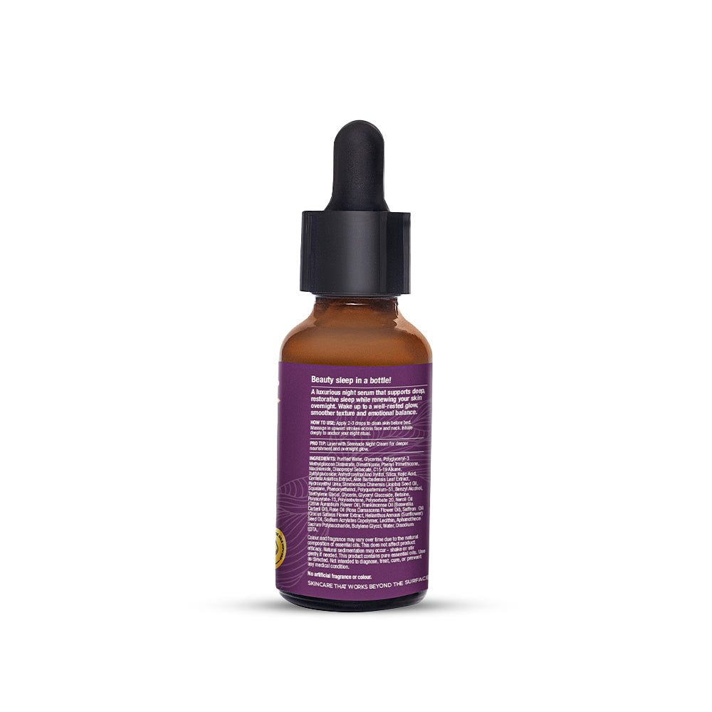 Back label of Serenade Slumber & Shine Night Face Serum showing ingredients including Neroli, Rose, Frankincense and Saffron essential oils for aromatherapy skincare