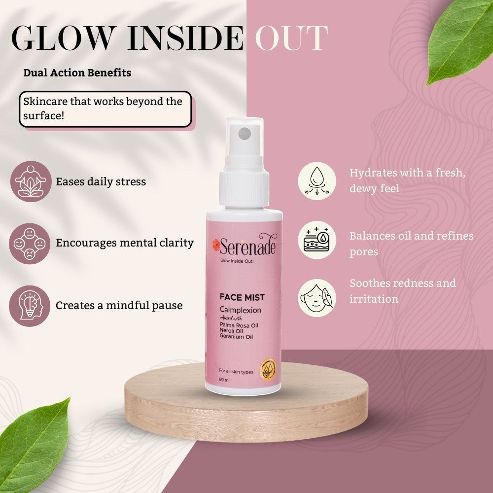 Serenade Calmplexion Face Mist with Palmarosa, Neroli, and Geranium oils for stress relief and mental clarity.