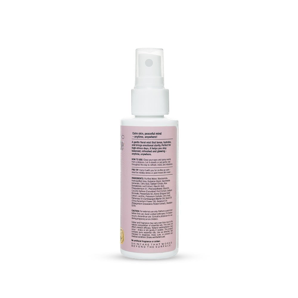 Serenade Calmplexion Face Mist, a floral facial spray with Palmarosa, Neroli, and Geranium essential oils for soothing and toning skin.