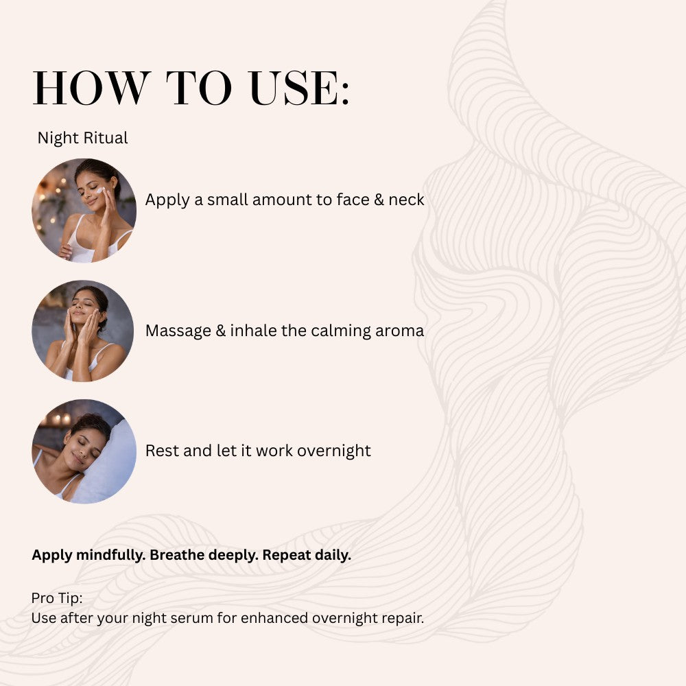 Serenade night cream application steps: apply to face & neck, massage & inhale aroma, rest overnight. For acne-prone skin.