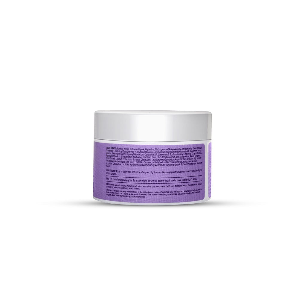 Serenade night face cream jar with lavender and tea tree essential oils for skin repair and glow.