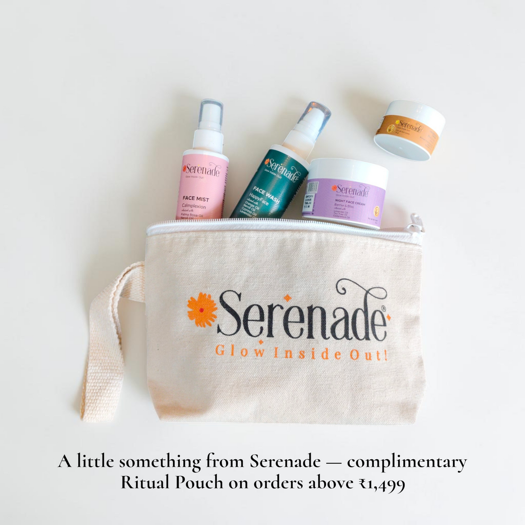 Serenade skincare kit with face mist, face wash and night cream placed in ritual pouch offered as complimentary gift on orders above 1499