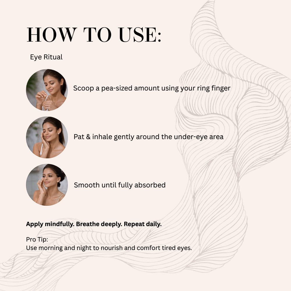 Serenade Blink & Heal Under Eye Cream application guide: scoop, pat, and smooth for hydrated, brightened eyes.