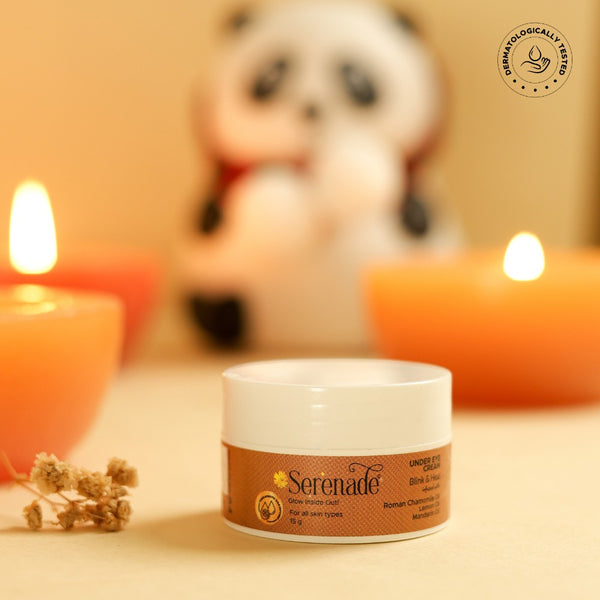 Serenade Blink & Heal Under Eye Cream jar, featuring natural ingredients for hydration and brightening. Dermatologically tested.