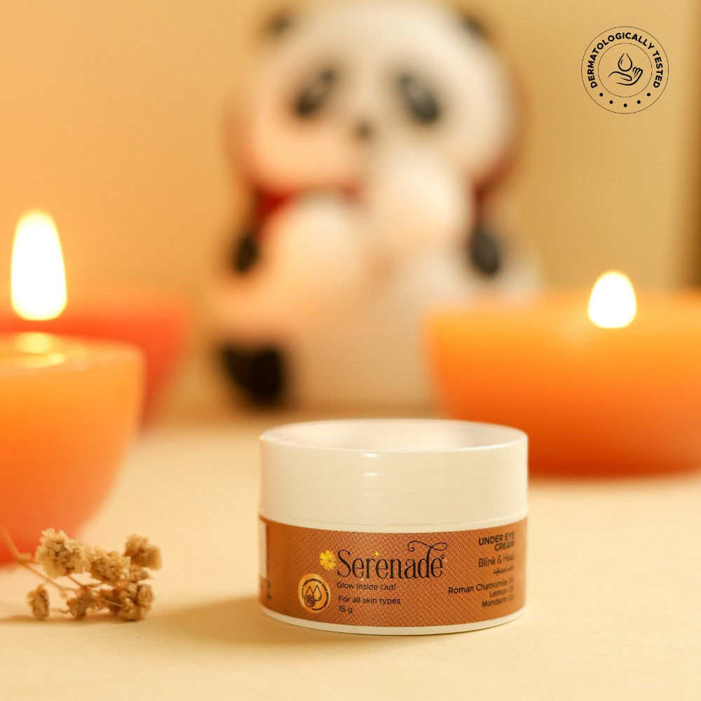 Serenade Blink & Heal Under Eye Cream jar, featuring natural ingredients for hydration and brightening. Dermatologically tested.
